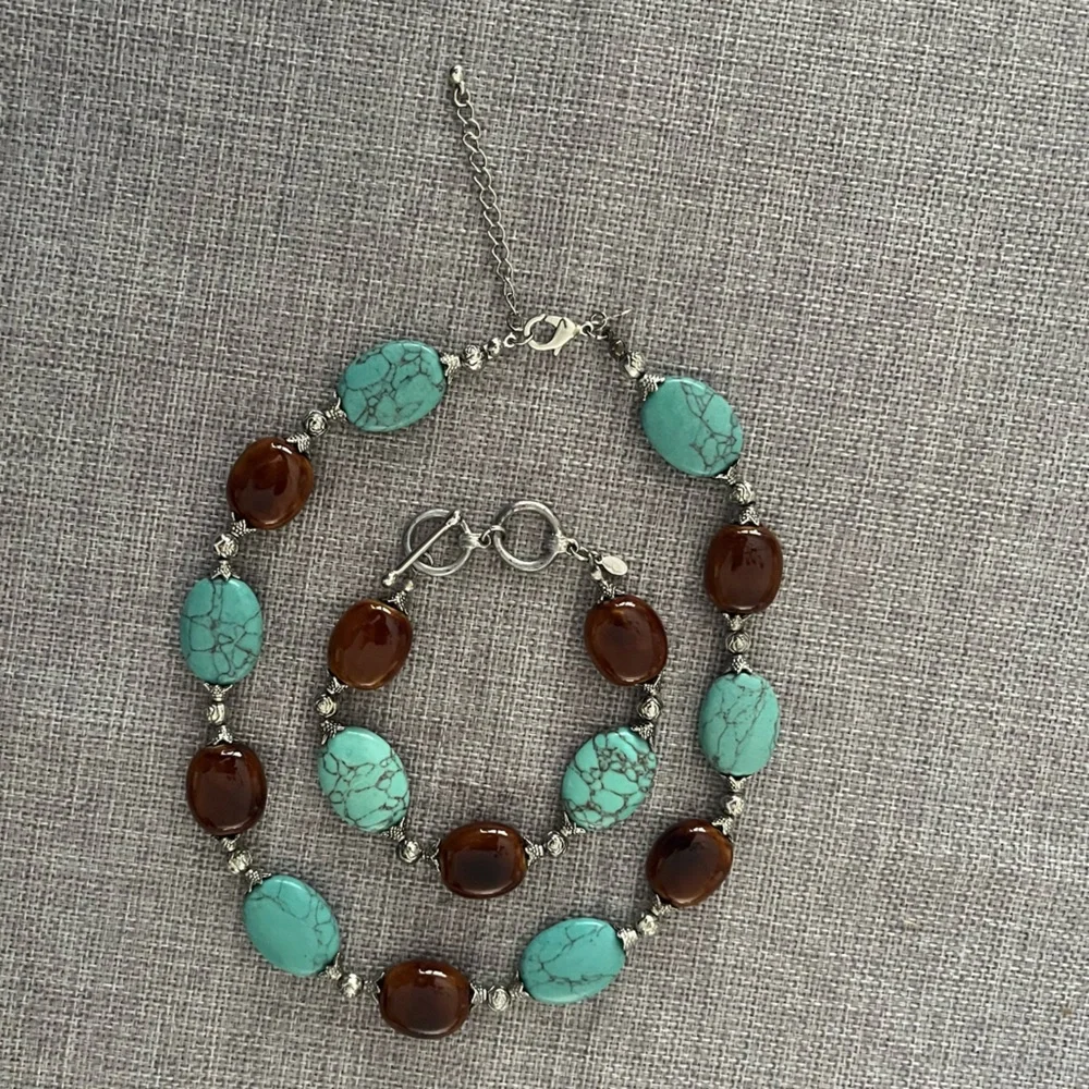 Premier Designs Turquoise & Brown Beaded Necklace & Bracelet
